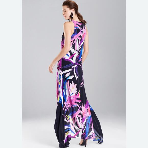 Josie Natori Prism Black Abstract Floral High Low Maxi Dress 4 - Picture 3 of 7
